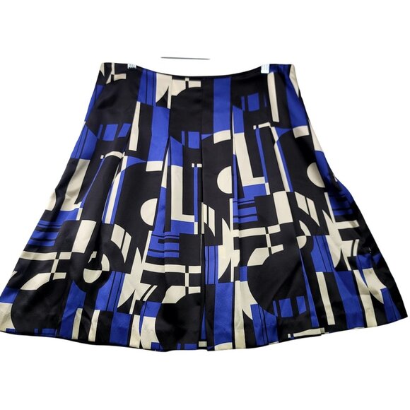 Lauren Ralph Lauren Petite Abstract Pleated Silk Skirt 12P Black Blue Beige - Picture 1 of 9